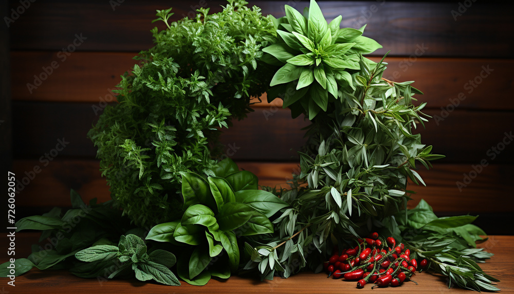 Fresh green leaves adorn the wooden table, bringing nature indoors generated by AI