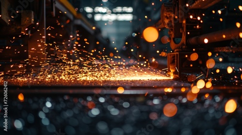 Closeup of a factory floor with bright sparks flying from equipment and industrial lights creating a dramatic contrast against the dark surroundings.