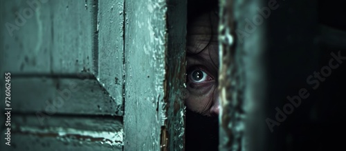 A frightened individual peeks through their home's entrance.