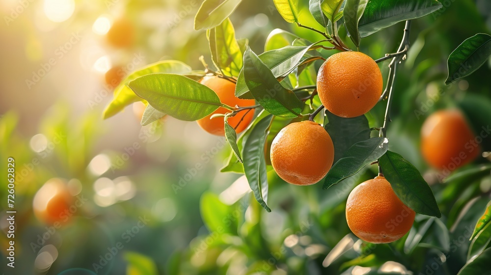 Citrus branches with organic ripe fresh oranges tangerines growing on branches with green leaves in sunny fruiting garden. copy space for text.