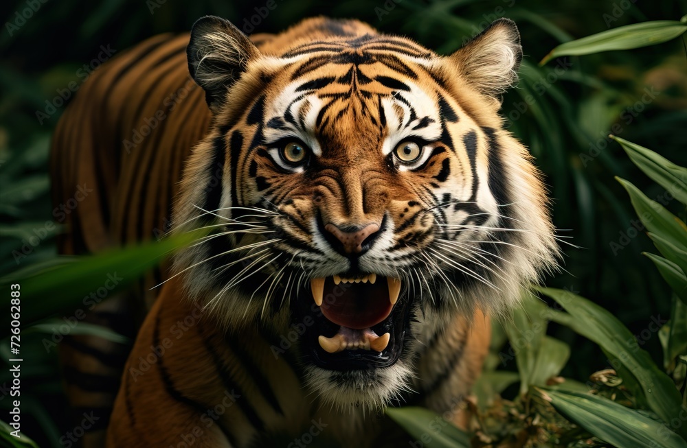 Tiger staring danger in tropical forest generated by AI Tiger staring danger in tropical forest generated by AI