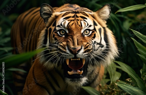 Tiger staring danger in tropical forest generated by AI