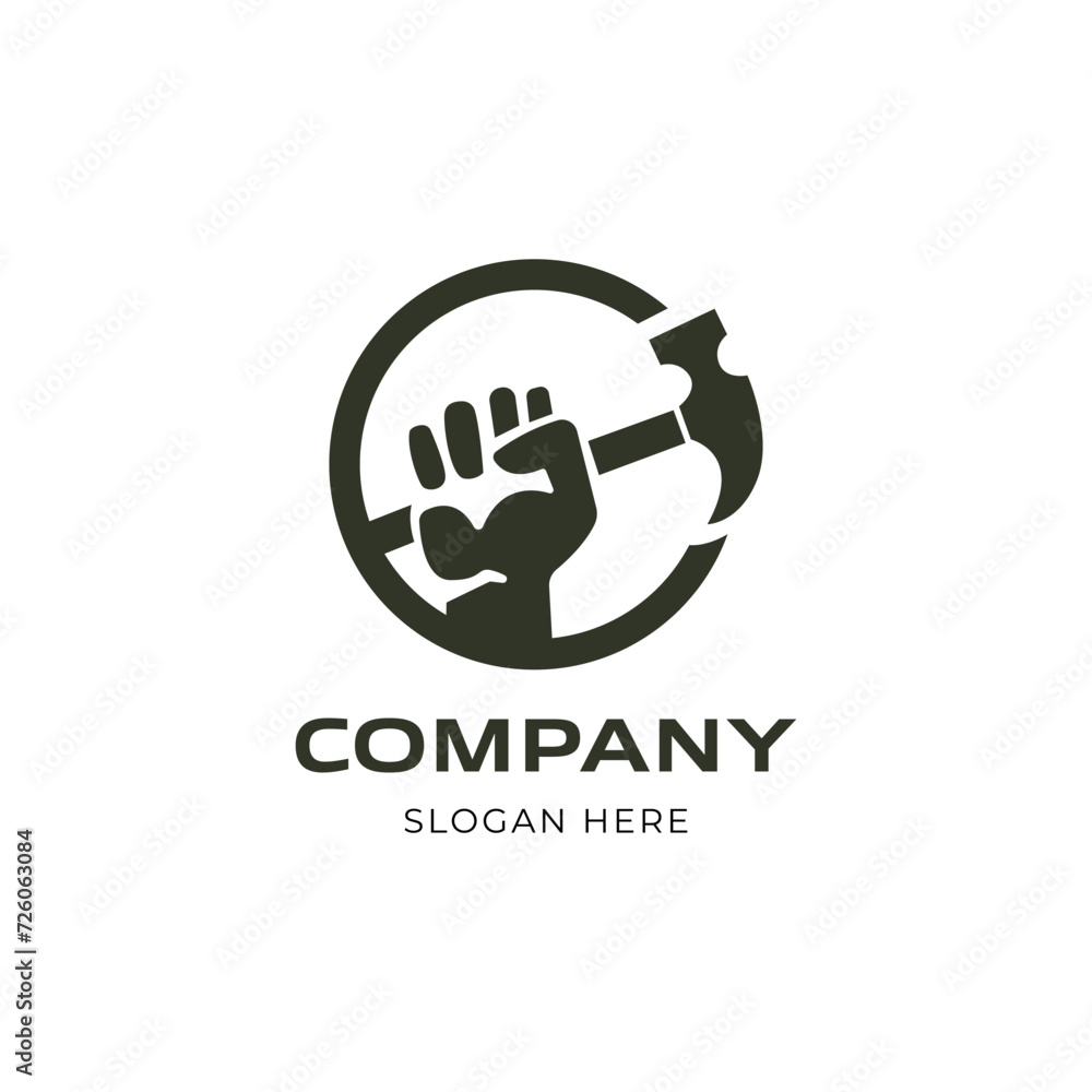 Obraz premium Hand holding a hammer. home repair service logo vector icon illustration