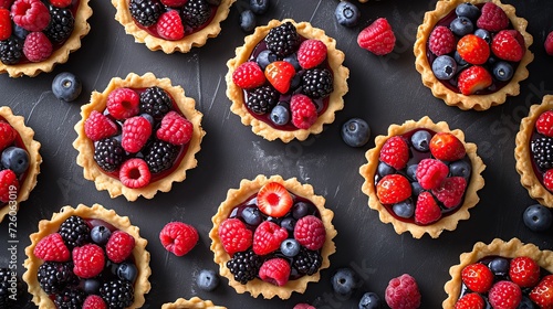 Colorful berry tartlets or cake for kitchen pattern. Pastry dessert from above. Copy space for text.