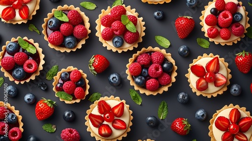 Colorful berry tartlets or cake for kitchen pattern. Pastry dessert from above. Copy space for text. photo