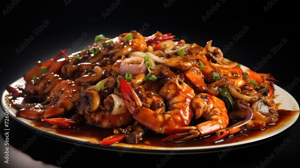 Seafood dishes, dinner menu, spicy stir-fried shrimp and scallops, restaurant menu served hot on a plate. Seafood dishes, dinner menu, spicy stir-fried shrimp and scallops, restaurant menu served hot on a plate.
