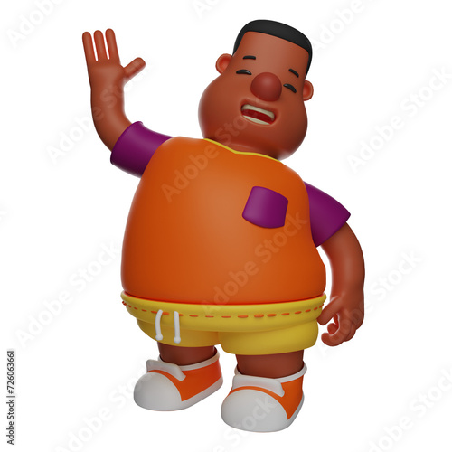  3D illustration. 3D Cartoon Big Boy smiling face waving. has a cute plump body. showing a cute laughing expression. 3D Cartoon Character