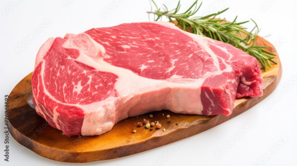  Fresh red marble beef slices raw, High quality angus ribeye close up view on a wooden cutting board
