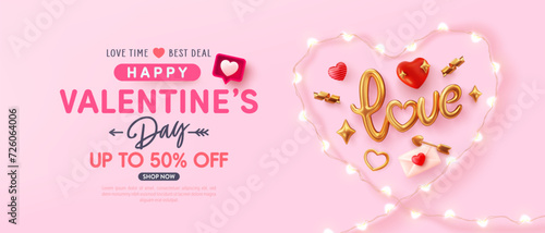 Valentine's day Sale poster and banner template with symbol of heart from LED String lights.Vector of Valentine's day poster or banner.Greetings and presents for love or Valentine concept.