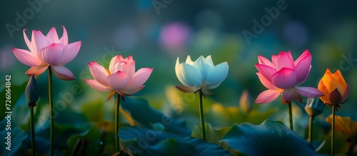 Photographic images depicting various lotus flower colors in nature.