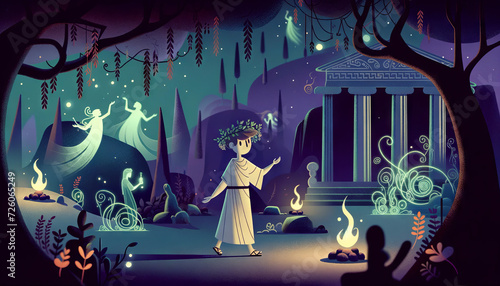 A whimsical, animated art style depiction of Dionysus visiting the Underworld.