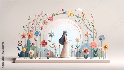 A minimal and whimsical animated 2.5D art style depiction of Persephone surrounded by colorful spring flowers.