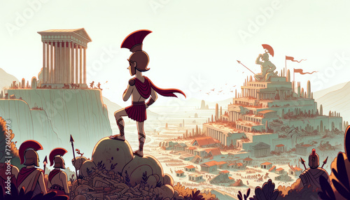A whimsical, animated art style depiction of a mythological landscape with Ares overlooking a war-torn city.