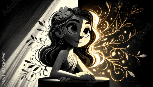 A whimsical, animated-style illustration of Demeter in a dramatic, high-contrast chiaroscuro style. photo