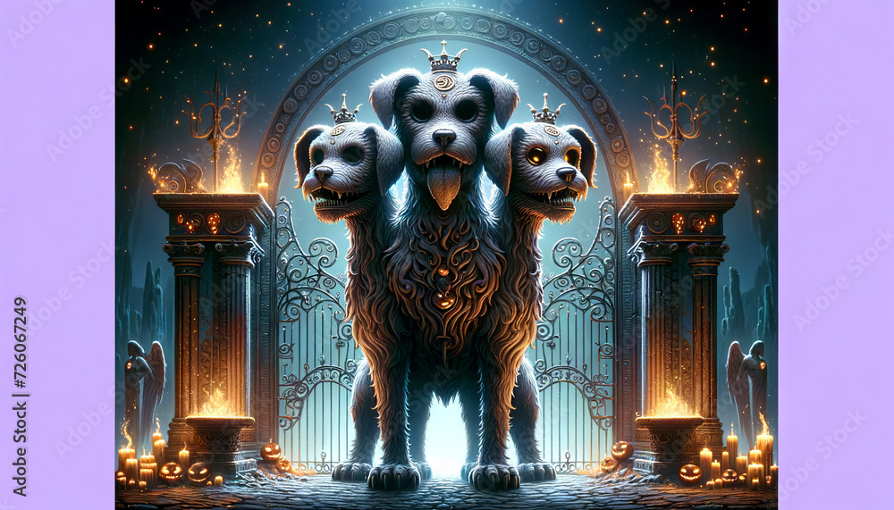 A detailed, whimsical, animated art style depiction of Cerberus, the
