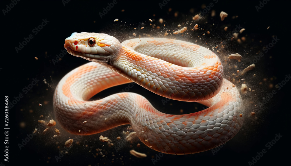 Fototapeta premium A dynamic image of an albino corn snake in mid-movement, with good focus, good lighting, and no noise, in a 16_9 ratio.