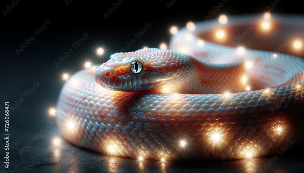 Fototapeta premium A mystical portrayal of an albino corn snake with glowing elements, with good focus, good lighting, and no noise, in a 16_9 ratio.