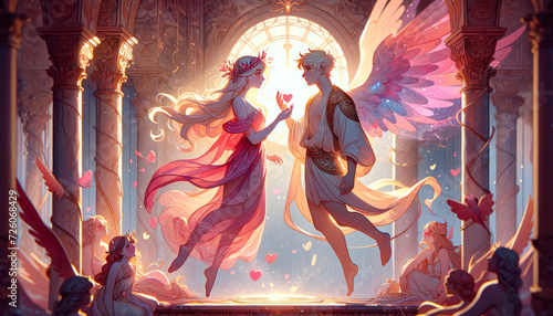 A whimsical, animated art style depiction of Psyche and Eros, showcasing their love story. © FantasyLand86