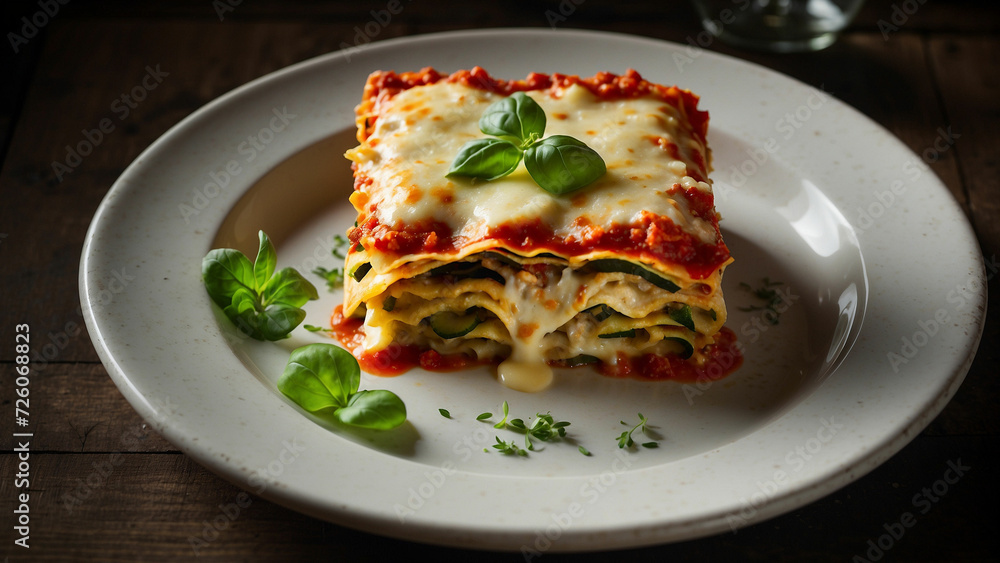 A picture of the zucchini lasagna in the context of a traditional Italian meal with cultural and culinary significance of this dish, placing the top view on a dark wooden table to emphasize the timele A picture of the zucchini lasagna in the context of a traditional Italian meal with cultural and culinary significance of this dish, placing the top view on a dark wooden table to emphasize the timele