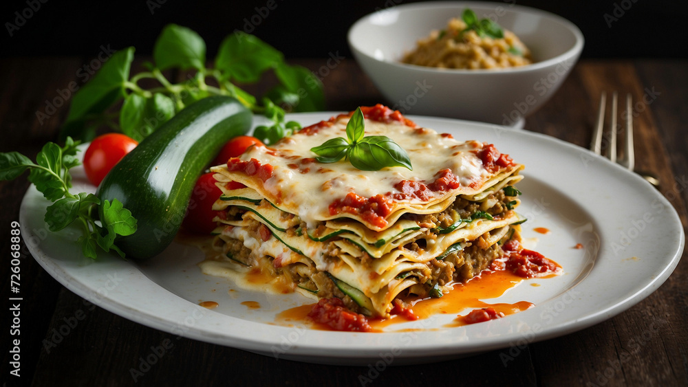 A picture of the zucchini lasagna in the context of a traditional Italian meal with cultural and culinary significance of this dish, placing the top view on a dark wooden table to emphasize the timele A picture of the zucchini lasagna in the context of a traditional Italian meal with cultural and culinary significance of this dish, placing the top view on a dark wooden table to emphasize the timele