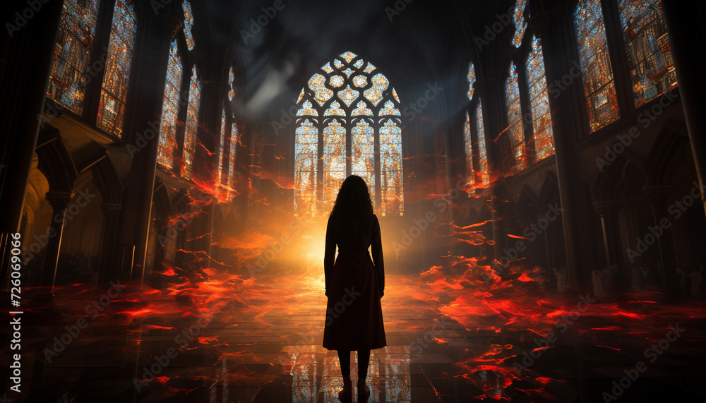 A young woman stands praying in a gothic chapel at night generated by AI