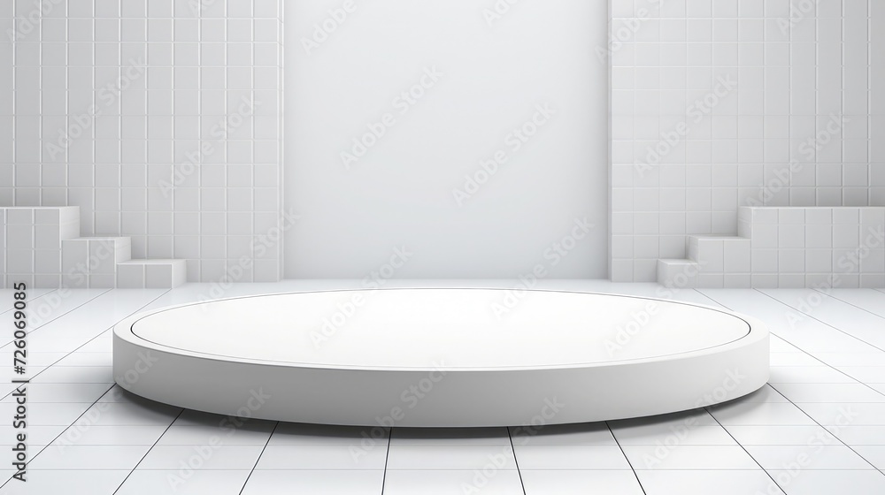 A minimalistic scenario with a round, white platform and empty space over a background made of white mosaic tiles A minimalistic scenario with a round, white platform and empty space over a background made of white mosaic tiles