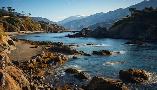 Tranquil coastline, water reflects sunset, mountain peak, serene beauty generated by AI