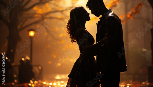 A young couple embraces under a backlit autumn tree generated by AI