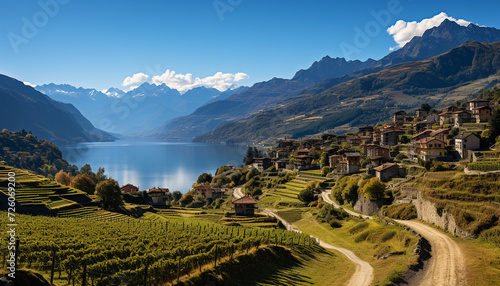 Idyllic mountain landscape, green meadow, vineyard, and tranquil water generated by AI