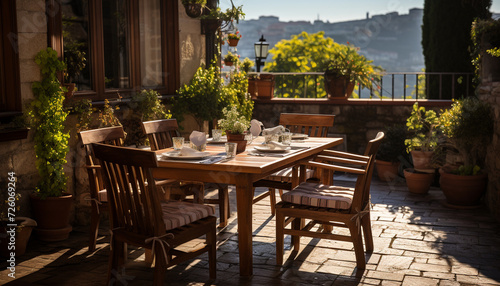 Cozy patio with modern table, chairs, and beautiful flowers generated by AI © Stockgiu