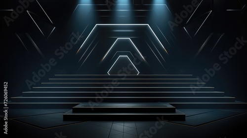 A three-level platform for presentations sits against a luxurious black geometric background. rendering in 3D