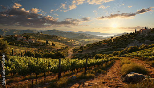 Idyllic vineyard landscape, sunset over mountains, green grapes, winemaking beauty generated by AI