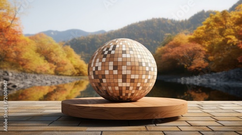 a wooden pedestal in a 3D rendering mockup in a landscape with a mosaic spheroid