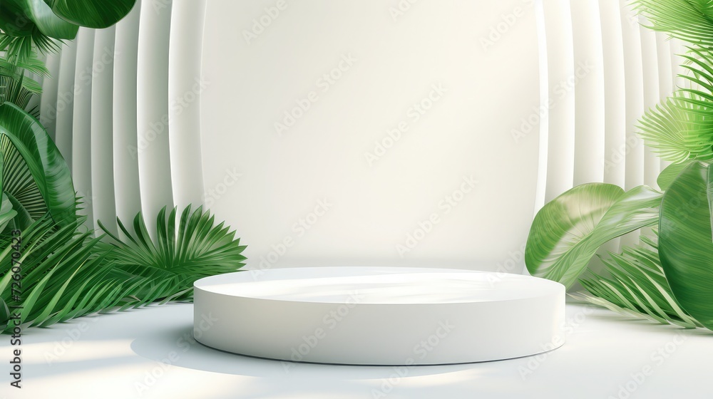 Fresh tropical green leaves in the sunbeams are displayed on a springtime abstract white stage with one round podium mockup for presentations of cosmetics, goods, and advertising in the light interior Fresh tropical green leaves in the sunbeams are displayed on a springtime abstract white stage with one round podium mockup for presentations of cosmetics, goods, and advertising in the light interior