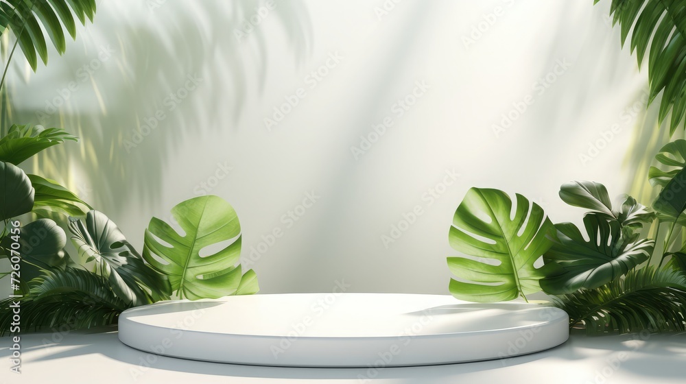 Fresh tropical green leaves in the sunbeams are displayed on a springtime abstract white stage with one round podium mockup for presentations of cosmetics, goods, and advertising in the light interior