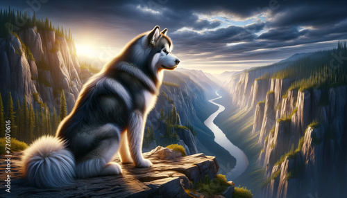 A photorealistic image of an Alaskan Malamute on a cliff or high vantage point, showcasing its majestic pose.