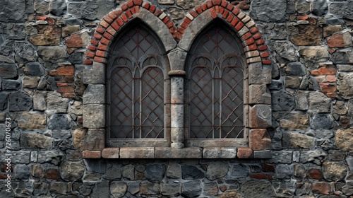 Fortified Elegance: Medieval Barred Windows with Red Stone Arch Detail Twin medieval windows, pointed arches, rusticated red stone wall, weathered tracery, barred windows, historical architecture