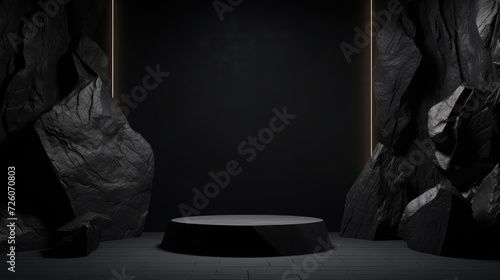 Mockup for podium exhibition or showcase with minimalistic black background with geometric Stone and Rock shapes