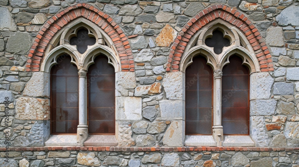 Medieval Majesty: Twin Gothic Windows with Stained Glass on Stonework Gothic arched windows, stained glass, stone masonry, medieval architecture, dual window facade, intricate tracery, historic