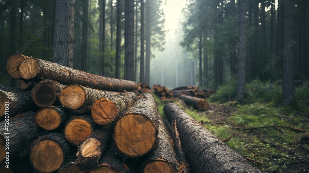 a pile and stack of wooden logs timber in a forest. wallpaper background 16:9 - obrazy, fototapety, plakaty 