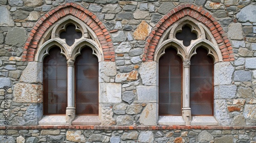 Medieval Majesty  Twin Gothic Windows with Stained Glass on Stonework Gothic arched windows  stained glass  stone masonry  medieval architecture  dual window facade  intricate tracery  historic