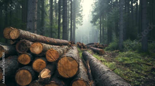 a pile and stack of wooden logs timber in a forest. wallpaper background 16:9 photo