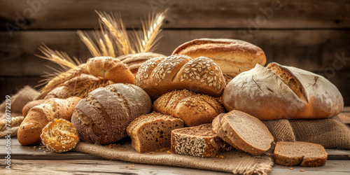 many different kinds of bread are placed on top of a wooden surface, generative AI