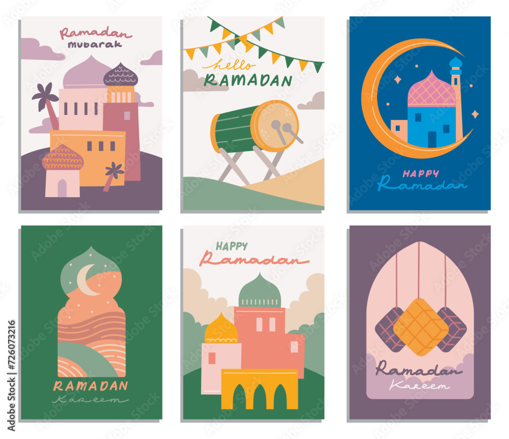 Set of Ramadan Card in Flat Style Illustration, Eid Al Fitr Celebration
