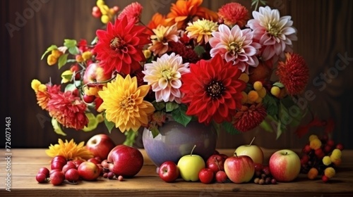 Wallpaper Mural Autumn still life with garden flowers. Beautiful autumnal bouquet in vase, apples and berries on wooden table. Colorful dahlia and chrysanthemum. Torontodigital.ca