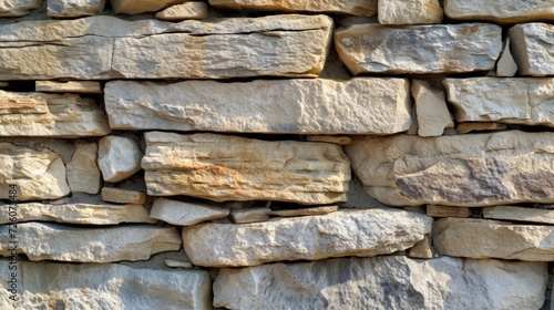 Close-up of interlocking stone blocks Close-up of a stone wall, uneven natural stone blocks, beige color palette, rough texture, interlocking shapes.