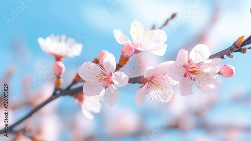 Beautiful floral spring abstract background of nature. Branches of blossoming apricot macro with soft focus on gentle light blue sky background © kashif 2158