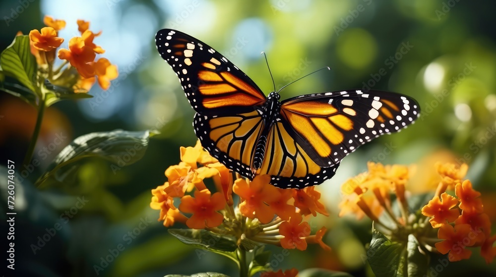 Beautiful image in nature of monarch butterfly on lantana flower. Beautiful image in nature of monarch butterfly on lantana flower.