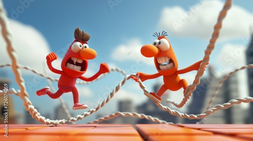 Cartoon scene of a confident g effortlessly jumping over a gvine rope while another g struggles to keep up and keeps tripping over their own feet. photo