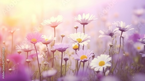 Beautiful wild flowers chamomile, purple wild peas, butterfly in morning haze in nature close-up macro. Landscape wide format, copy space © kashif 2158